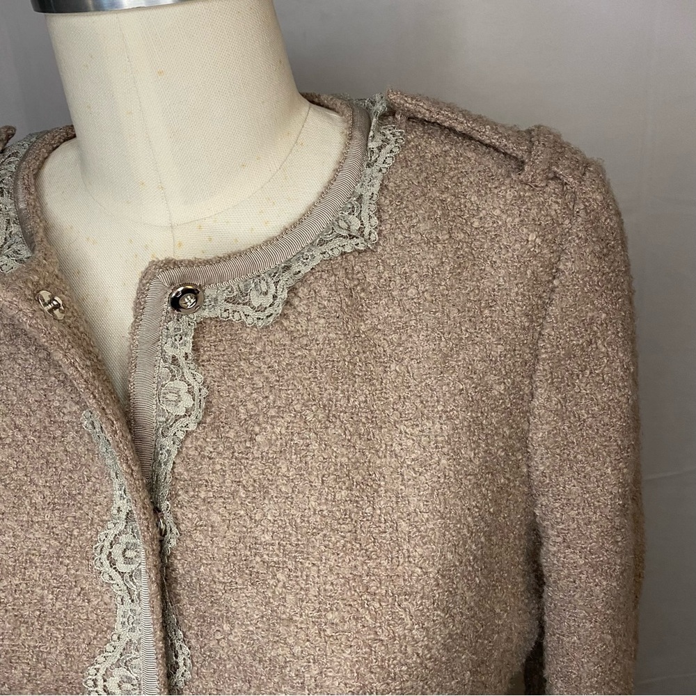 Banana Republic Pink Mauve Boucle Wool Lace Trim Snap Front Blazer Jacket 8 M - Picture 3 of 10